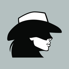 Cowgirl portrait in profile symbol on gray backdrop. Design element