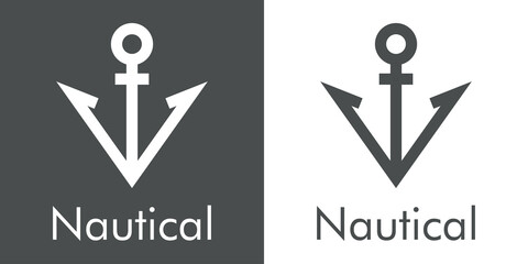Logotipo con texto Nautical y ancla de barco con forma de flecha con lineas en fondo gris y fondo blanco © teracreonte