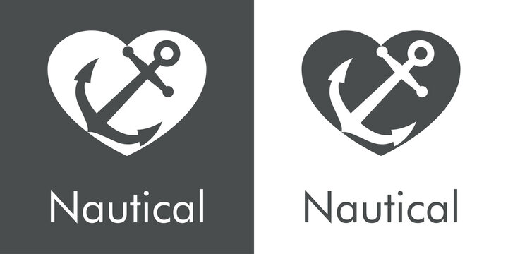 Logotipo con texto Nautical y ancla de barco con corazón en fondo gris y fondo blanco
