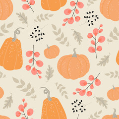 Autumn seamless pattern with red and dry leaves, small black cones and pumpkins