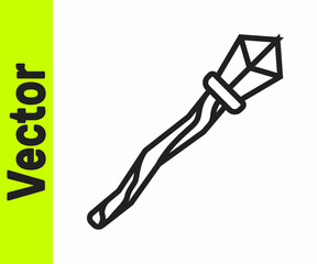 Black line Magic staff icon isolated on white background. Magic wand, scepter, stick, rod. Vector