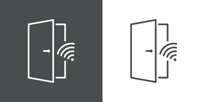 Puerta de apertura autom&aacute;tica. Icono plano puerta con olas con lineas en fondo gris y fondo blanco