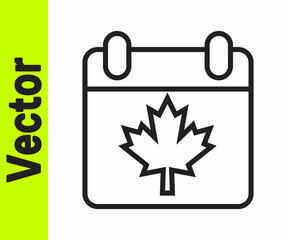 Black line Canada day with maple leaf icon isolated on white background. 1-th of July Independence Day on the calendar with the Canada flag. Vector