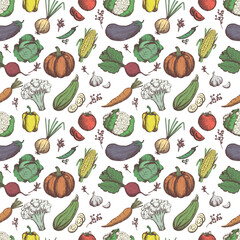 Freehand drawing vegetables. Vegetables seamless pattern. Linear graphic. Vegetables background. scatch style. Healthy food pattern. Vector illustration