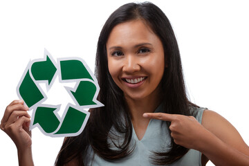 environment, eco living and sustainability concept - close up portrait of portrait of happy smiling young asian woman pointing finger to the green recycling sign isolated over white background