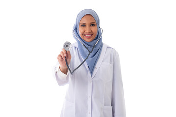medicine, healthcare, charity and people concept - portrait of friendly smiling muslim female doctor dressed in uniform and holding stethoscope and looking at camera isolated over white background