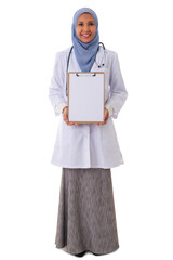 medicine, healthcare, charity and people concept - smiling muslim female doctor/nurse showing empty blank clipboard sign with copy space for text isolated over white background
