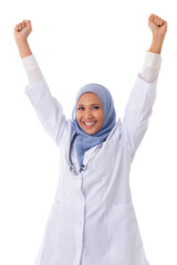 medicine, healthcare, charity and people concept -happy cheerful muslim woman nurse/doctor with arms up. Young Asian female medical professional. Isolated on white background