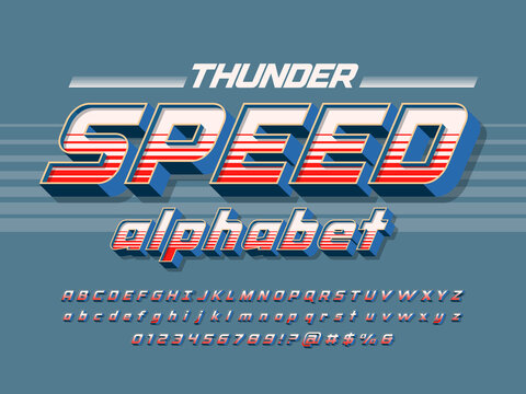 vintage sport racing styled alphabet design with uppercase, lowercase, numbers and symbols