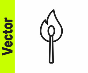Black line Burning match with fire icon isolated on white background. Match with fire. Matches sign. Vector
