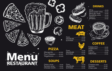 Design Menu template for restaurant, sketch illustration. Vector flyer