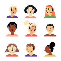 Collection set of call center operators with headset vector illustration. Diverse women and men portraits isolated on white. Flat style service people. Receptionist agent, customer support concept
