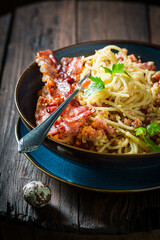 Tasty spaghetti Carborana. Classic Italian dinner. Italian cuisine.