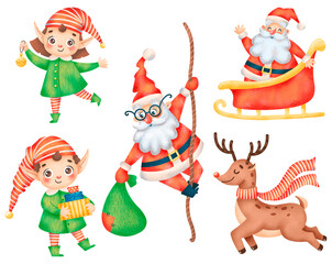 Illustration of cute cartoon Christmas set isolated on white background. Santa Claus, reindeer, Christmas elves