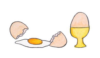 Cracked egg and egg in ceramic cup drawing with crayon on white paper