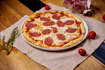 Italian cuisine, pizza with cheese and pepperoni