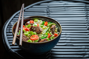 Asian noodle with beef chilli peppers. Classic seafood noodle.