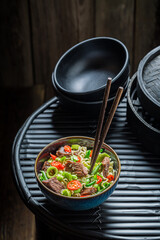 Tasty asian noodle with beef chilli peppers. Asian cuisine.