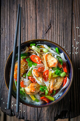 Spicy noodle with chicken, vegetables and chili. Classic seafood noodle.
