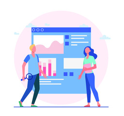 Company employees use web search to find ideas for doing business for the company. Colorful vector illustration.