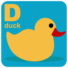 The alphabet cube with the letter D is a duck. Vector illustration on the theme of games and education.