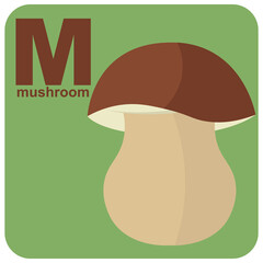 The alphabet cube with the letter M is a mushroom. Vector illustration on the theme of games and education.
