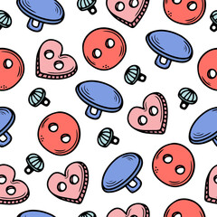 Seamless pattern with hand drawn sewing buttons of various shapes on a white background. Doodle, simple illustration. It can be used for decoration of textile, paper.
