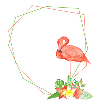 Pink flamingo and exotic flowers isolated frame on a white background. Tropical romantic template for a wedding invitation and more. Watercolor exotic wreath illustration. Paradise flowers frame.