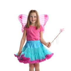 Cute little girl in fairy costume with pink wings and magic wand on white background