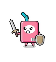 cute milk box soldier fighting with sword and shield