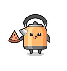 cute kettle cartoon eating pizza