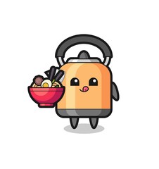 cute kettle character eating noodles