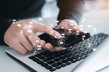 Business ideas, businessmen with smartphones, interface technology, global connectivity.