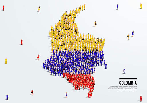 Colombia Map And Flag. A Large Group Of People In The Colombia Flag Color Form To Create The Map. Vector Illustration.