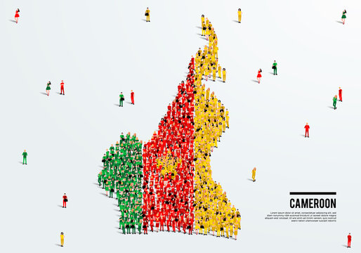 Cameroon Map and Flag. A large group of people in the Cameroon flag color form to create the map. Vector Illustration.