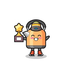 kettle cartoon as an ice skating player hold winner trophy