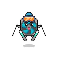 computer fan mascot character as a ski player