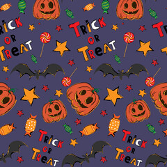 Seamless halloween pattern. Pumpkin with candy, trick or treat. Vector illustration