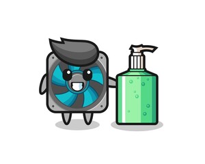 cute computer fan cartoon with hand sanitizer