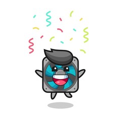 happy computer fan mascot jumping for congratulation with colour confetti
