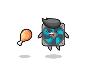 cute computer fan floating and tempted because of fried chicken