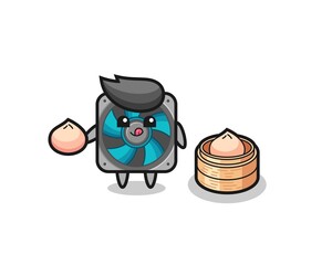 cute computer fan character eating steamed buns