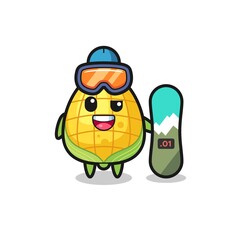 Illustration of corn character with snowboarding style