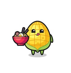 cute corn character eating noodles