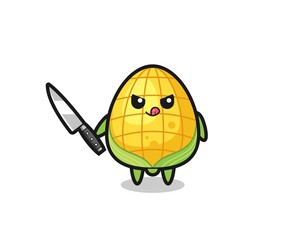 cute corn mascot as a psychopath holding a knife