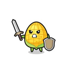 cute corn soldier fighting with sword and shield