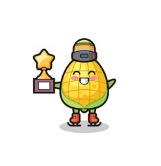 corn cartoon as an ice skating player hold winner trophy