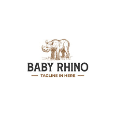 Baby rhino vintage retro classic logo tamplate  hand drawn hatching