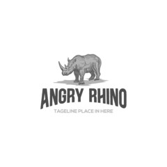 Angry Rhino vintage logo tamplate with engraving retro classic drawing realistic animal