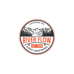 Fototapeta premium River flow, mountain exploring with engraving vintage retro hand drawn logo tamplate